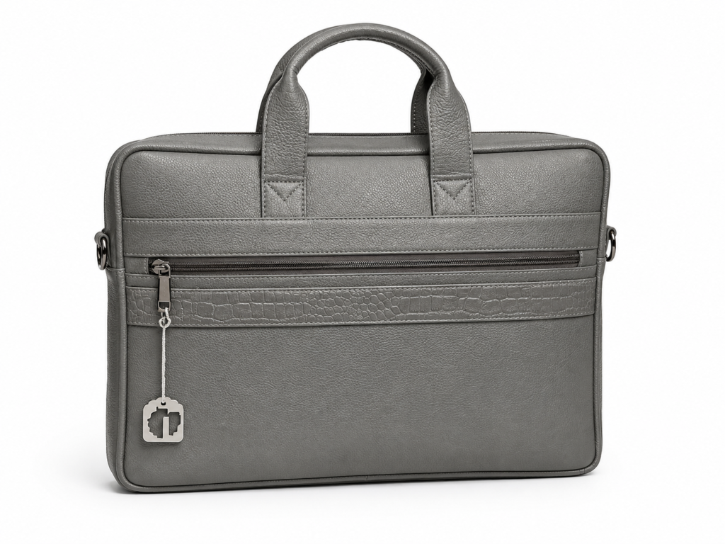 Grey Leather Laptop Briefcase